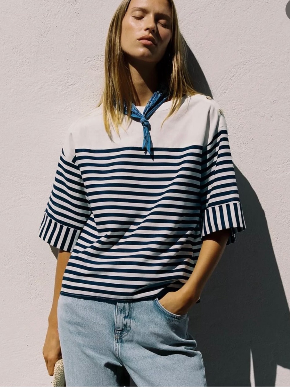 Zara linen Navy and White Striped Boxy Short-Sleeve Tee